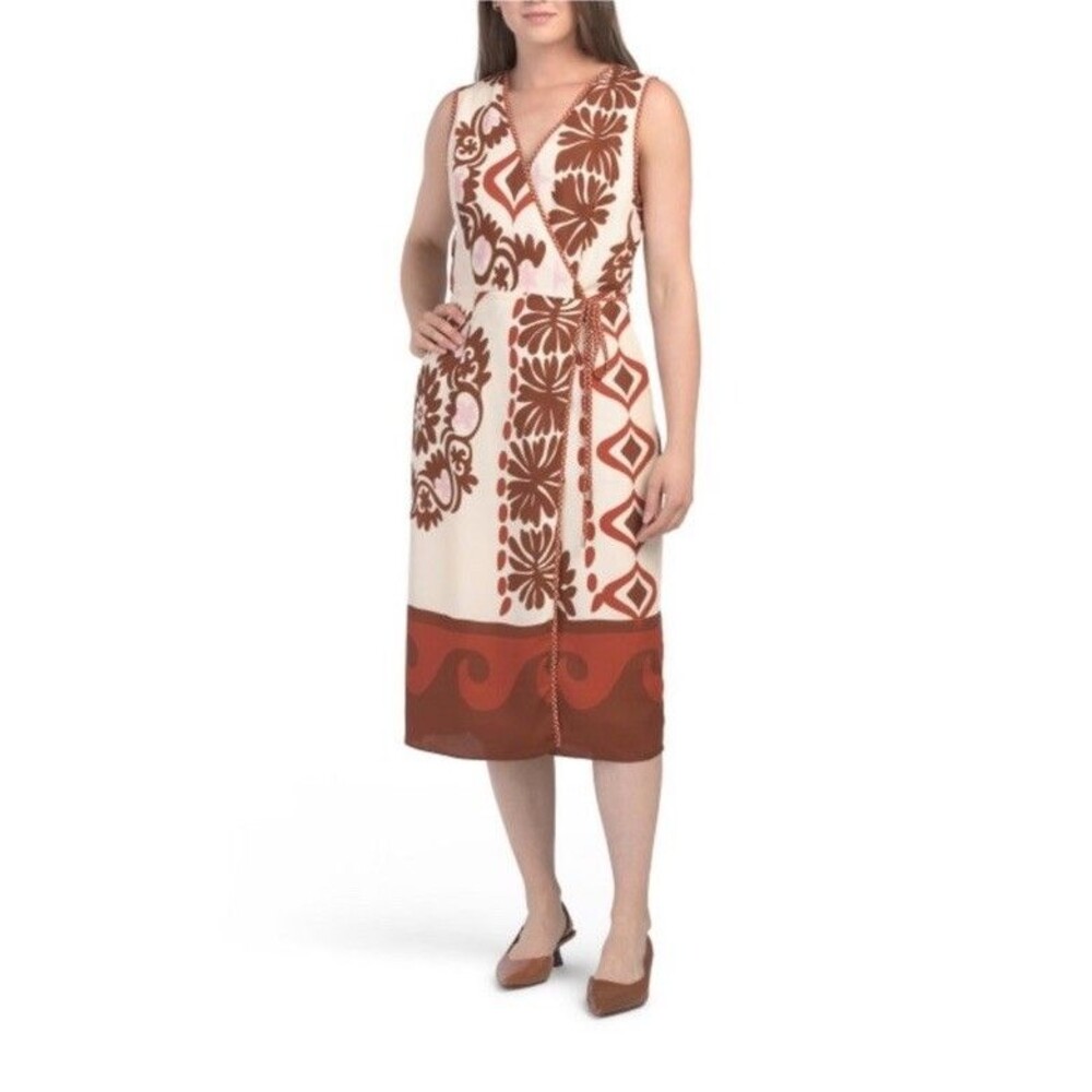 CIEBON Contrasted Cherette Sleeveless Midi Wrap Dress Women’s V Neck NEW Sz S